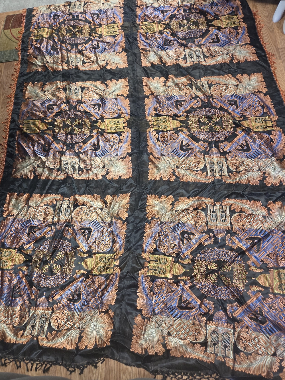 vintage silk satin Luxury Black Scarf-Style Piano Shawl, Throw, Tablecloth Motif